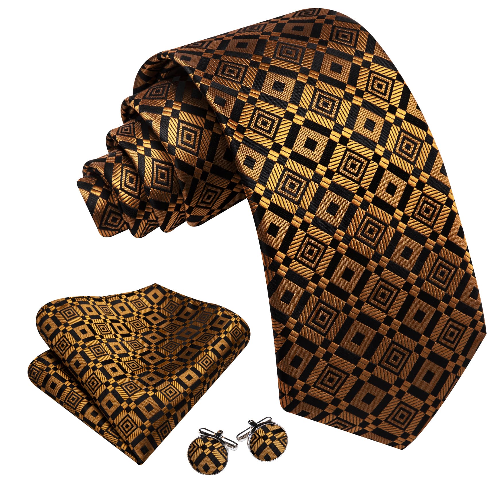 Tie Golden Black Square Pattern Necktie Hanky Cufflinks Set