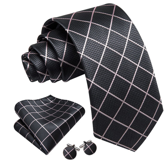 Tie Gray White Lines Checkered Necktie Hanky Cufflinks Set