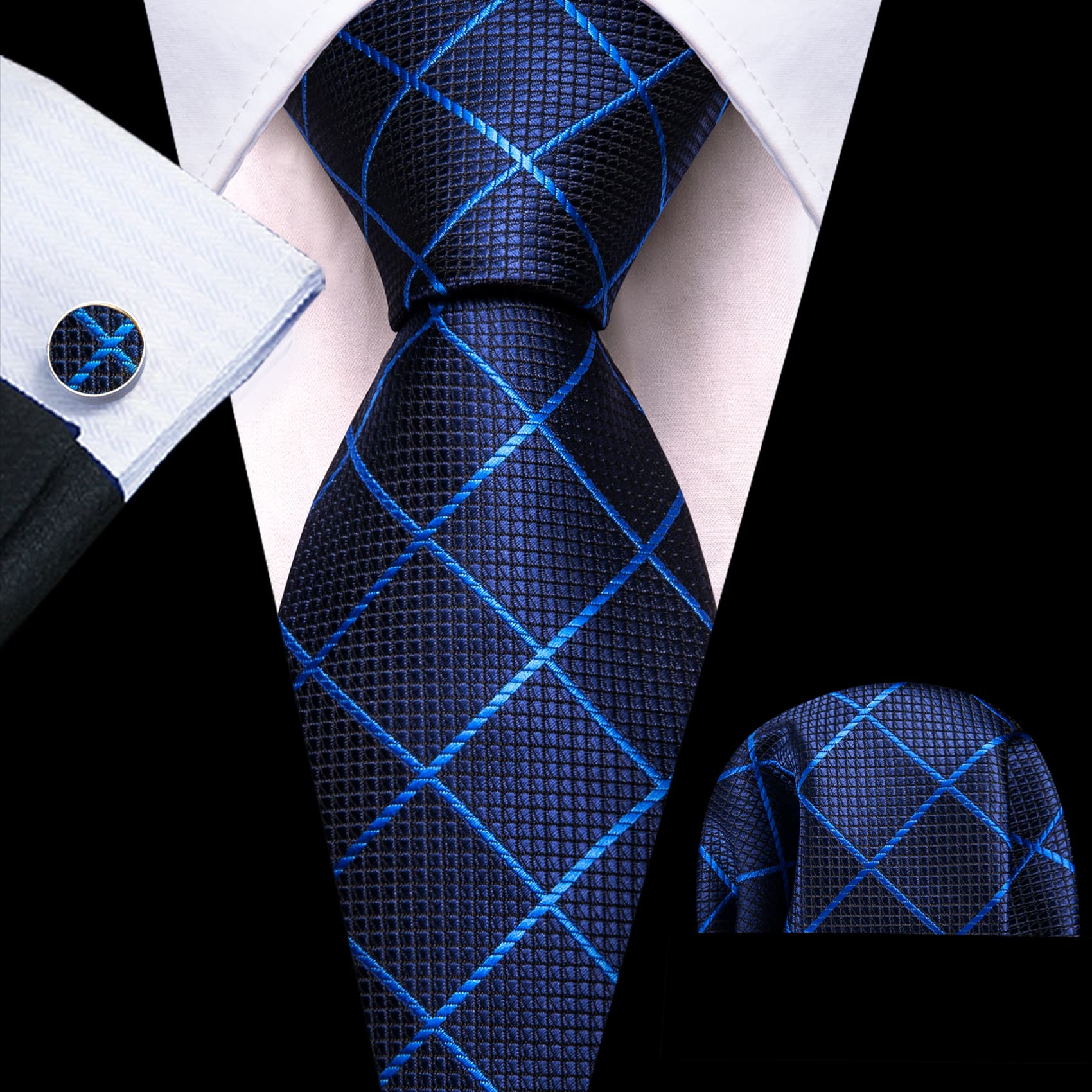 Dark Blue Tie Light Blue Lines Checkered Necktie Set for Men