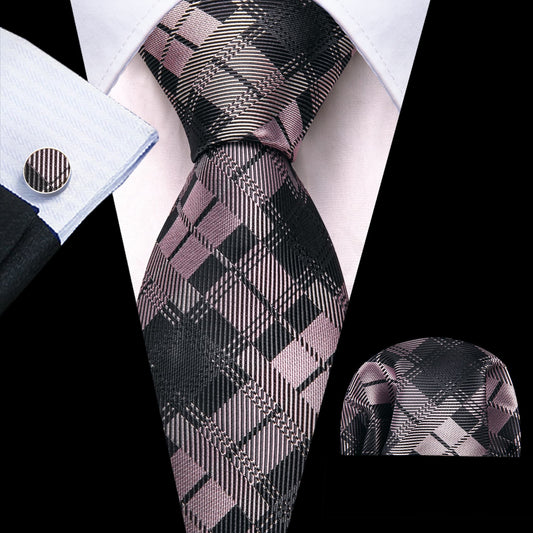Tie Black Gray Pink Checkered Necktie Hanky Cufflinks Set