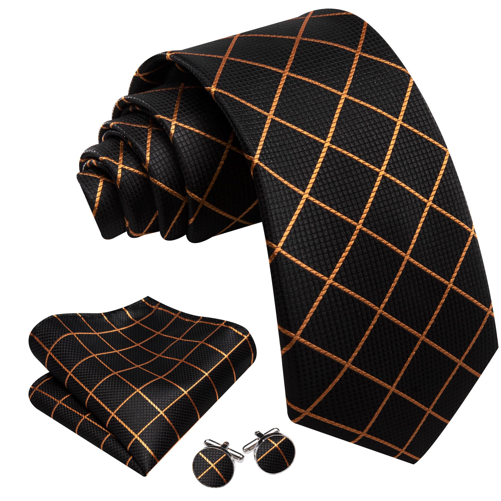 Black Tie Gold Lines Checkered Necktie Hanky Cufflinks Set