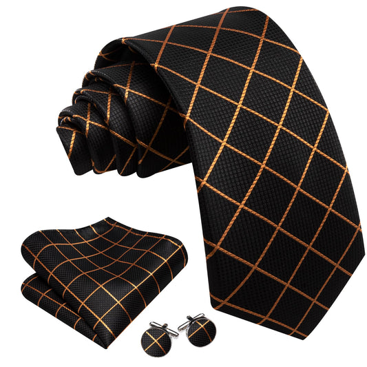 Black Tie Gold Lines Checkered Necktie Hanky Cufflinks Set
