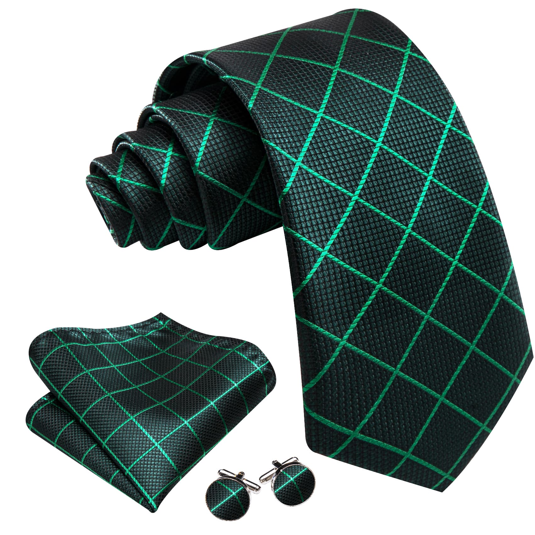 Tie Green  Lines Checkered Necktie Hanky Cufflinks Set