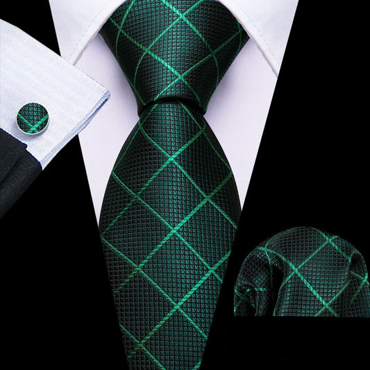 Tie Green Lines Checkered Necktie Hanky Cufflinks Set