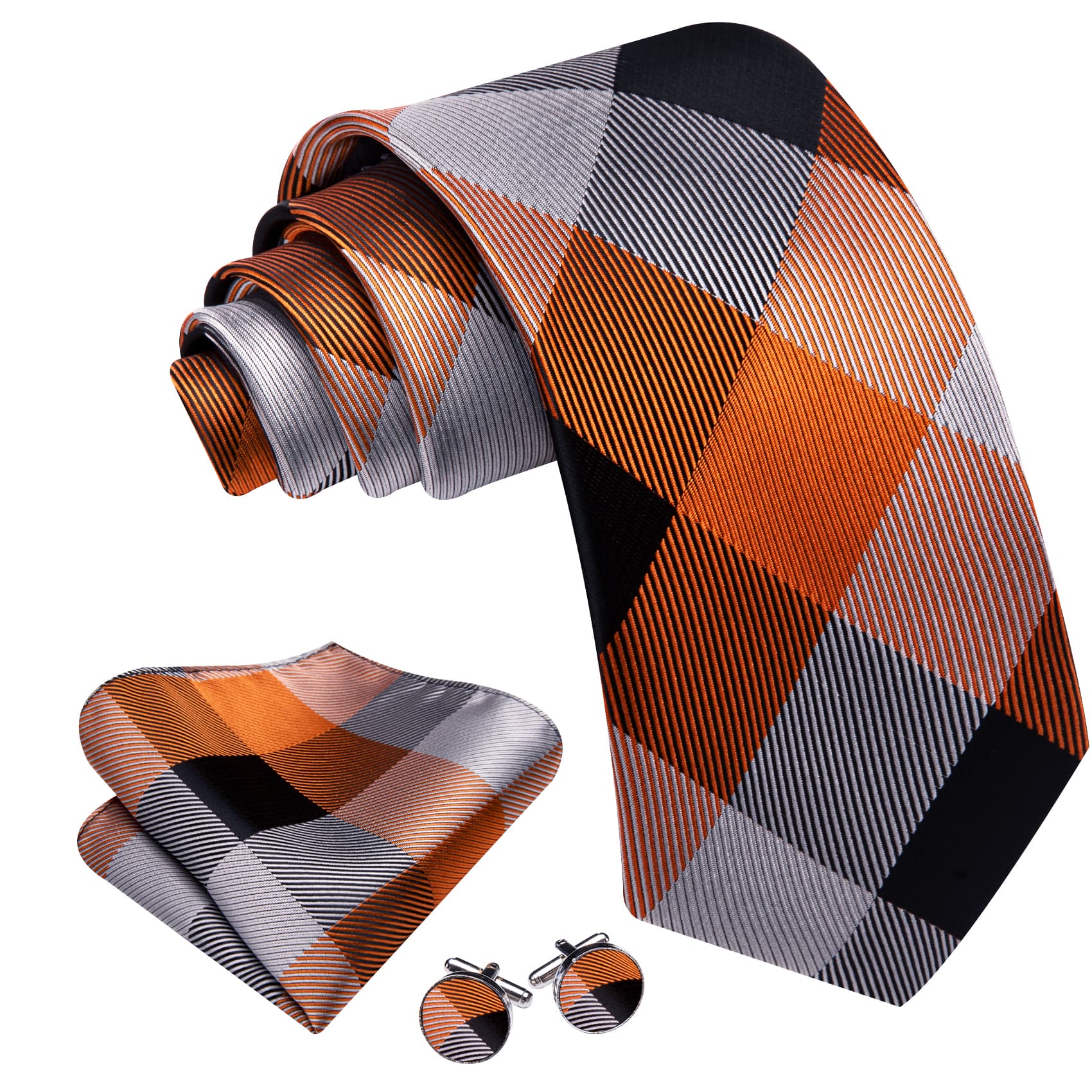  Tie Orange Black Gray Necktie Hanky Cufflinks Set