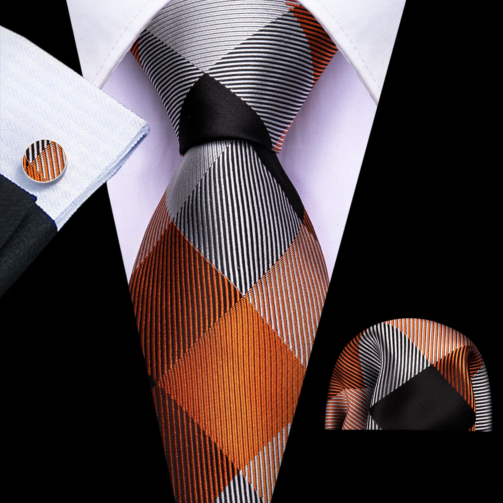  Tie Orange Black Gray Necktie Hanky Cufflinks Set