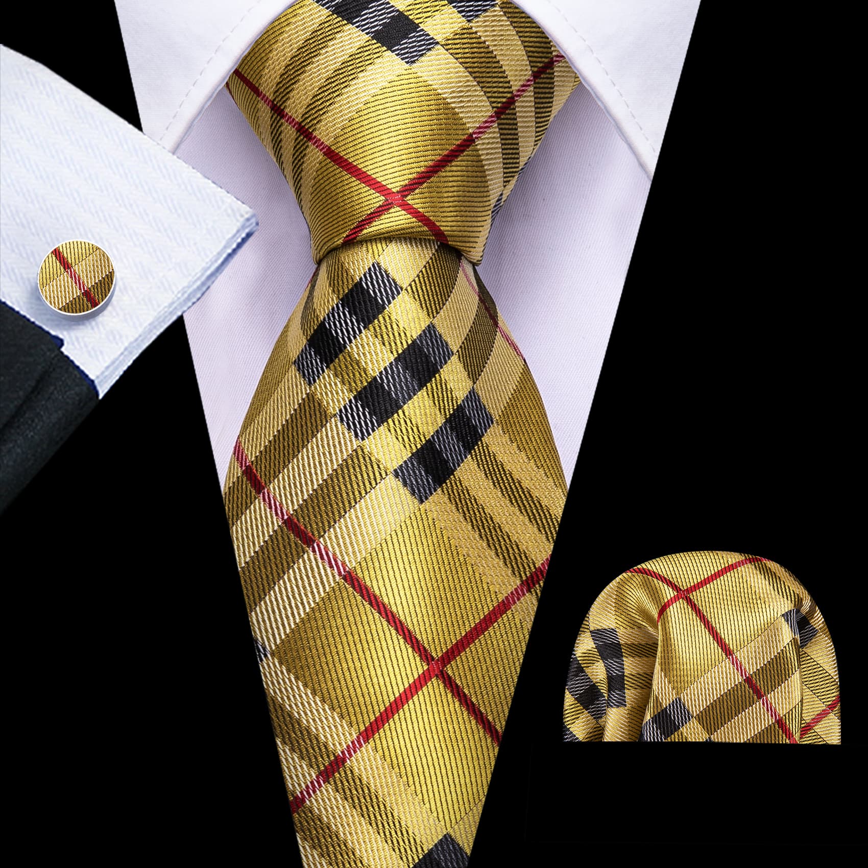 Barry Wang Yellow Tie Red Lines Necktie Hanky Cufflinks Set