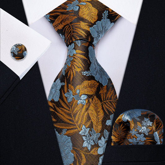 Barry. Wang Floral Necktie Blue Golden Silk Tie Pocket Square Cufflinks Set