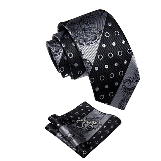Barry. Wang Black Grey Striped Paisley Necktie Silk Tie Pocket Square Cufflinks Set
