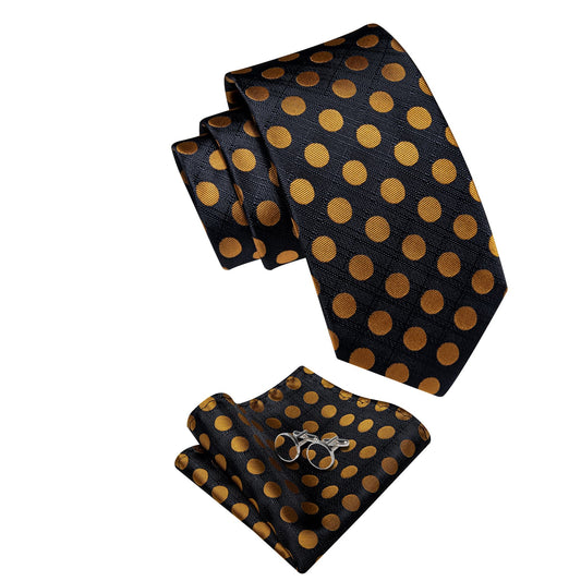 Barry. Wang Black Gold Polka Dot Necktie Silk Tie Pocket Square Cufflinks Set