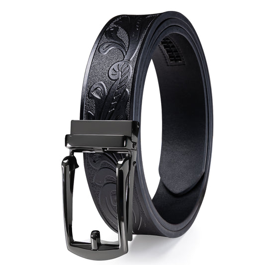 Barry. Wang Men's Black Embossed Leather Belt Ratchet Dress Belt Automatic Hollow Frame Buckle