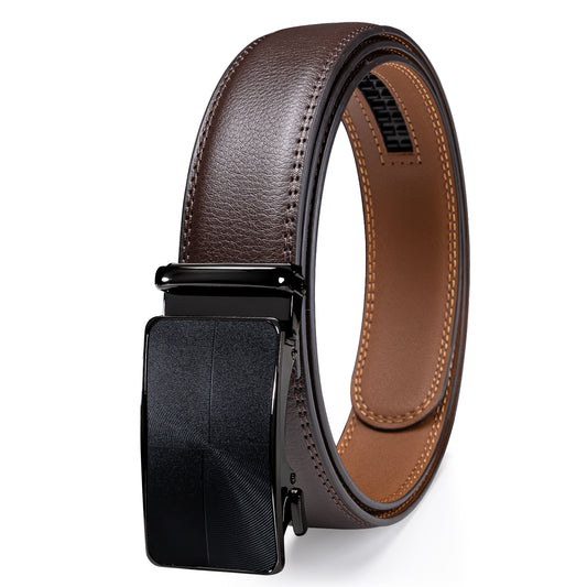 Barry. Wang Men's Brown Leather Belt Matte Buckle Ratchet Dress Belt for Business
