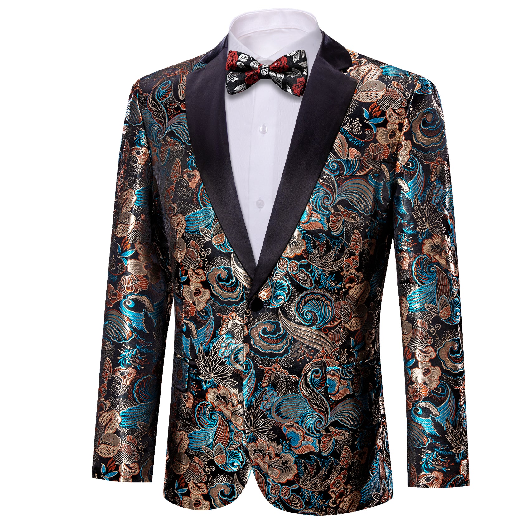 Men's Dress Party Brown Blue Floral Suit Jacket Slim One Button Stylish Blazer
