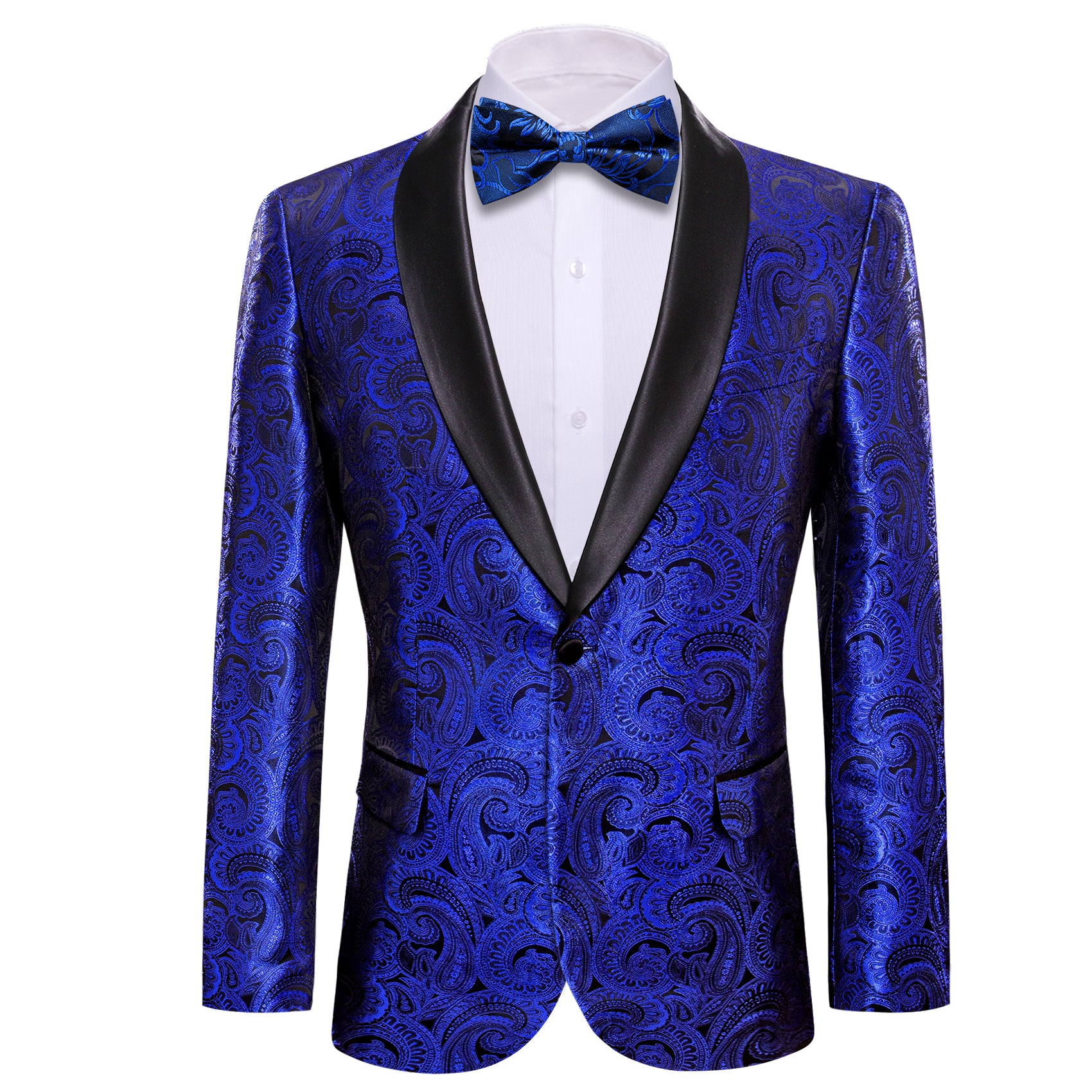 Wang Men's Paisley Cobalt Blue Suit Silk Shawl Collar One Butto
