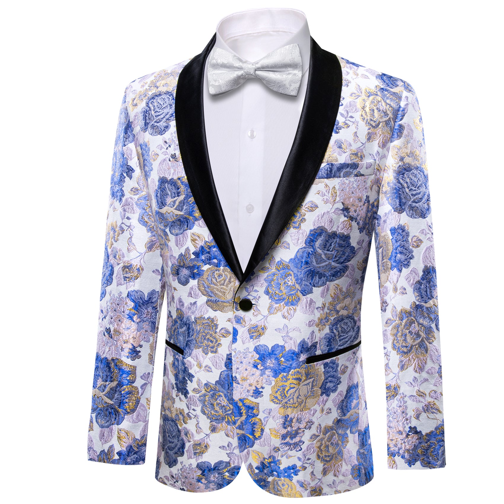 Men's Dress Party Blue White Flower Suit Jacket Slim One Button Stylish Blazer