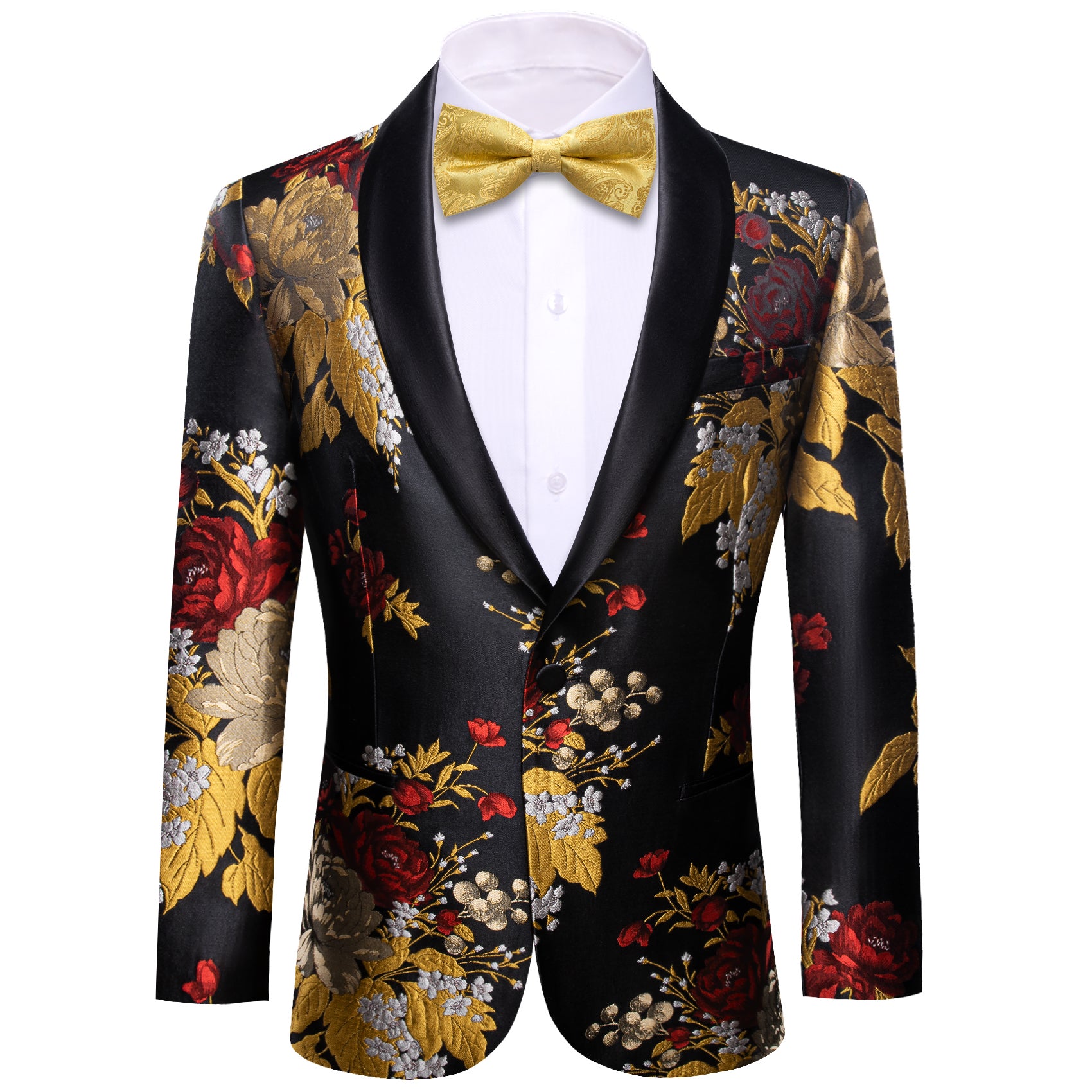Barry.wang Shawl Collar Shirt Men's Black Yellow Floral Suit Jacket