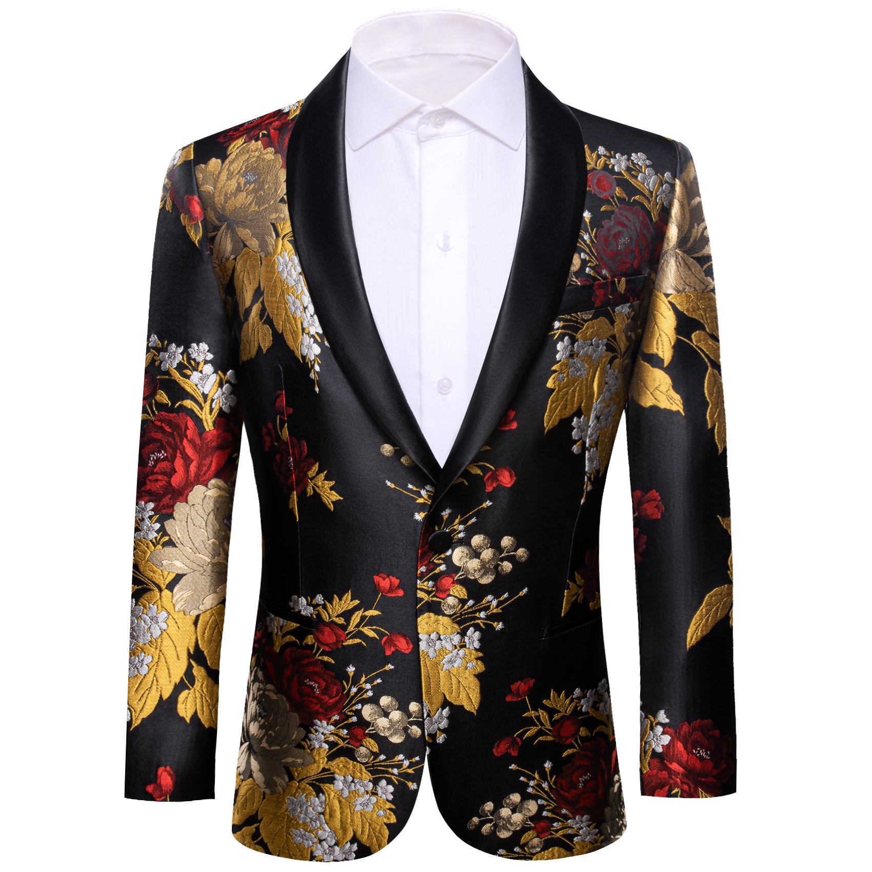 Barry. Wang Men's Black Gold Oriental Floral Suit Shawl One Button Collar Jacquard Blazer For Dinner Party