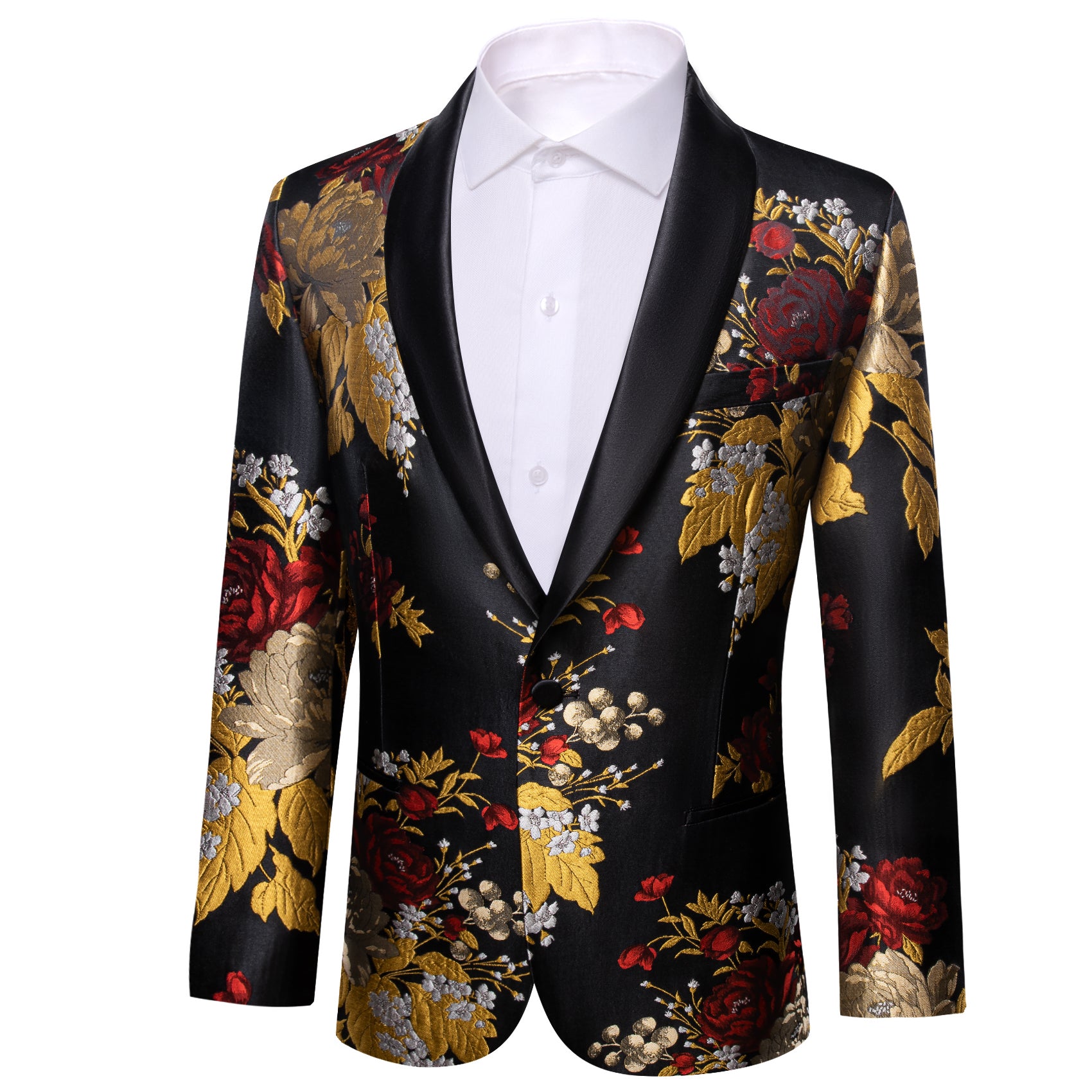 Barry. Wang Men's Black Gold Oriental Floral Suit Shawl One Button Collar Jacquard Blazer For Dinner Party