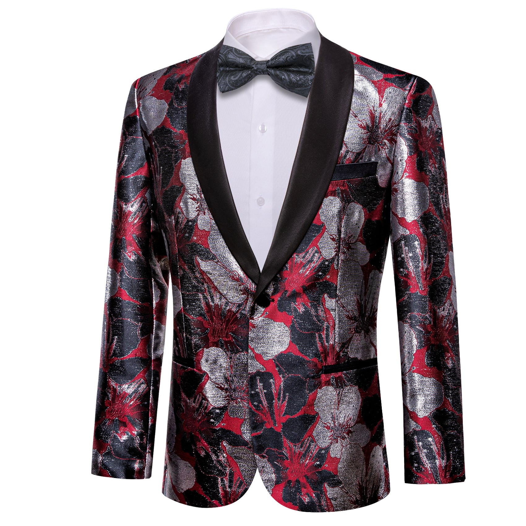 Men's Dress Party Red Grey Floral Suit Jacket Slim One Button Stylish Blazer