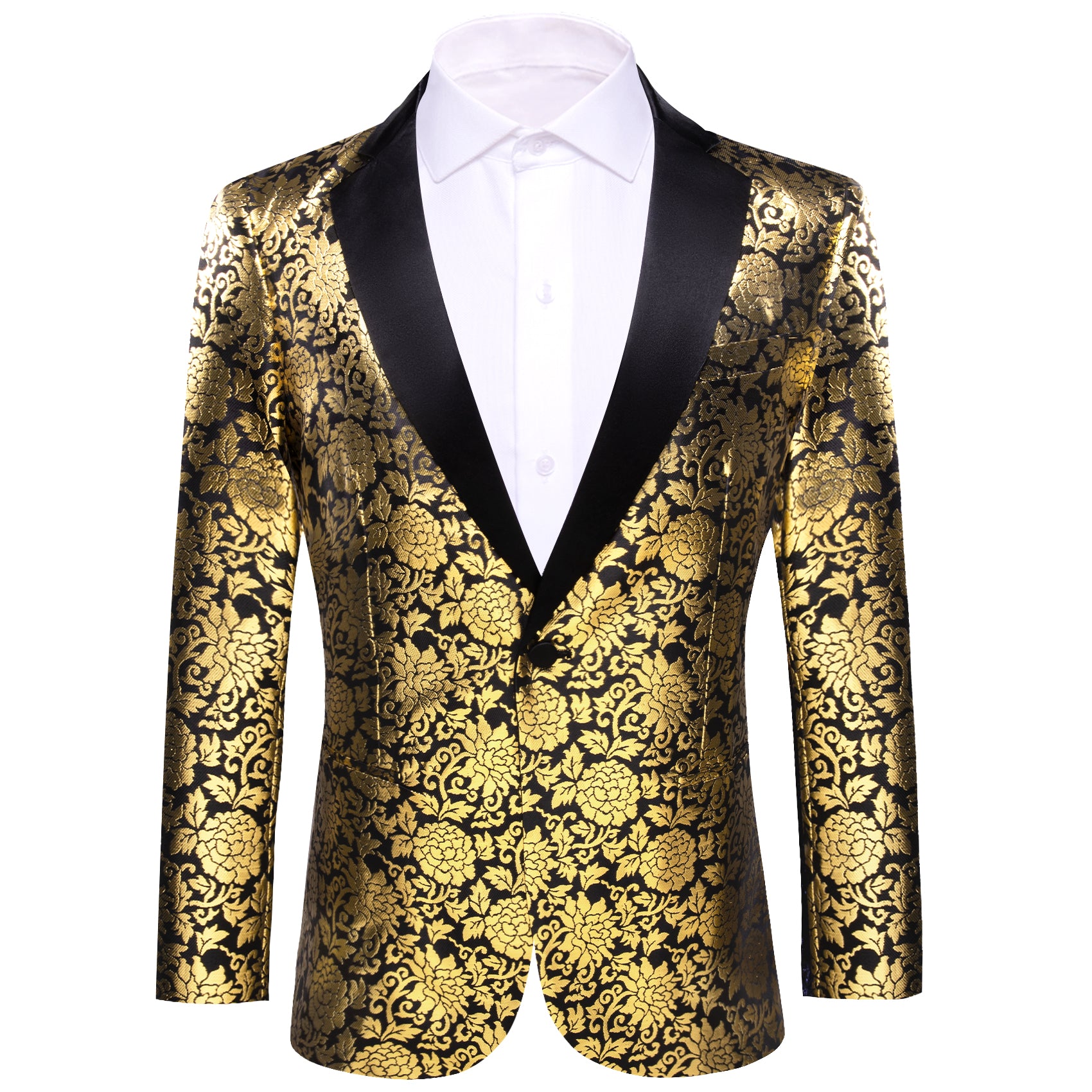 Barry.wang Men's Floral Suit Black Gold Notched Collar Suit Dress Party