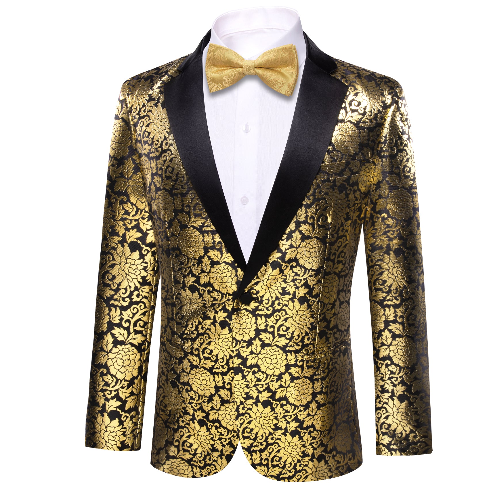 Barry.wang Men's Floral Suit Black Gold Notched Collar Suit Dress Party