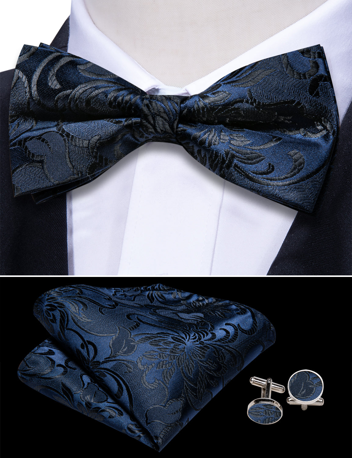 Blue Black Paisley Cummerbund  Bow tie Handkerchief Cufflinks Set