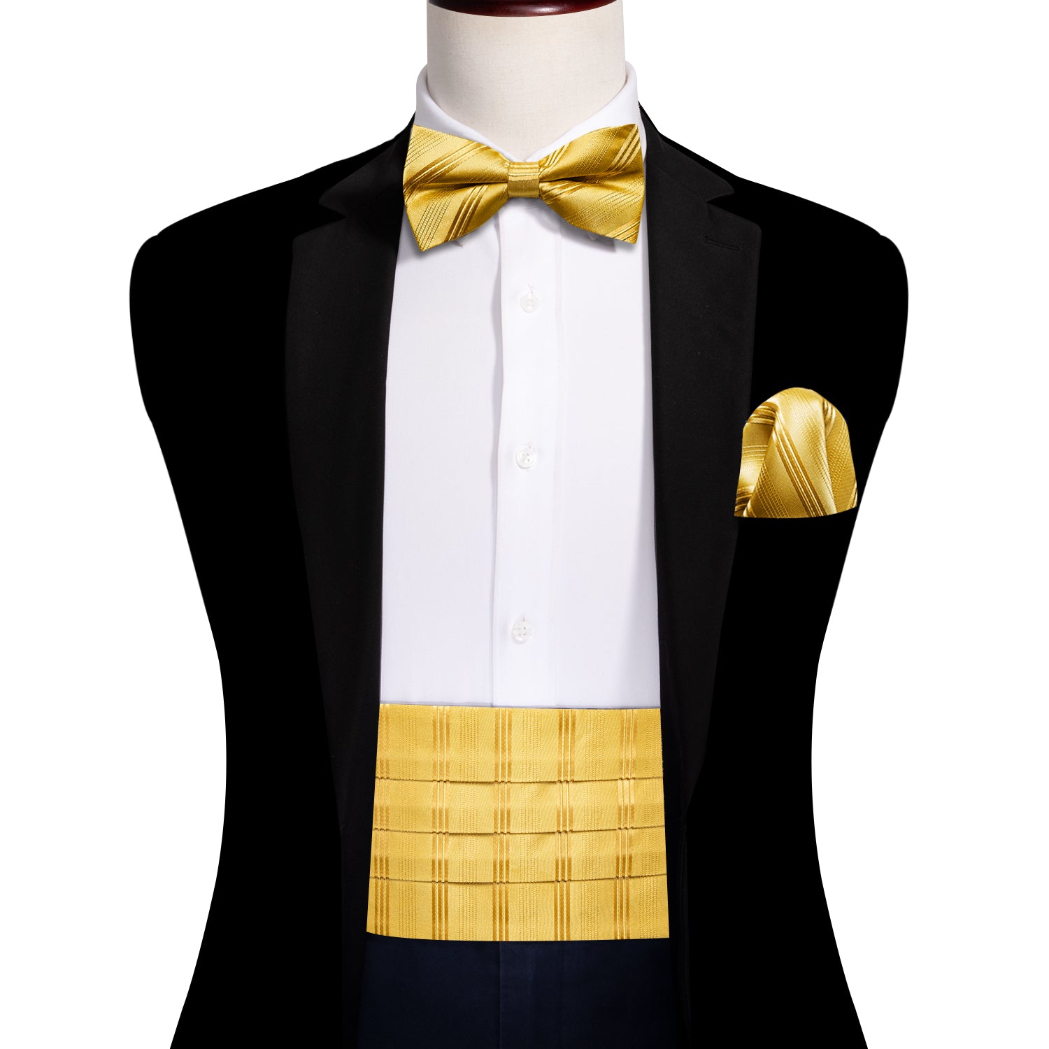 Gold Striped Cummerbund  Bow tie Handkerchief Cufflinks Set