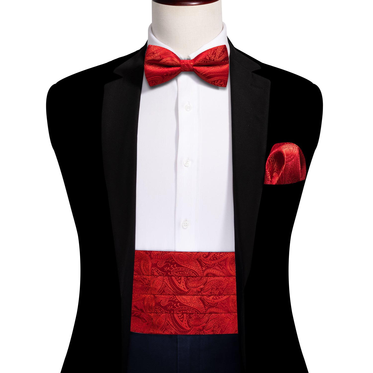 Barry. Wang Strong Red Paisley Cummerbund Bow tie Handkerchief Cufflinks Set