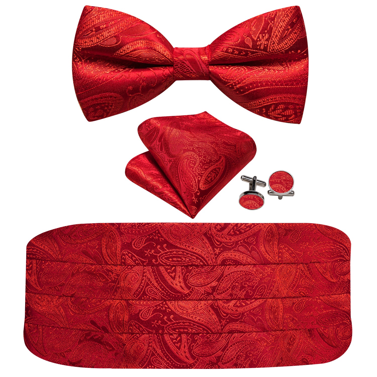 Barry. Wang Strong Red Paisley Cummerbund Bow tie Handkerchief Cufflinks Set
