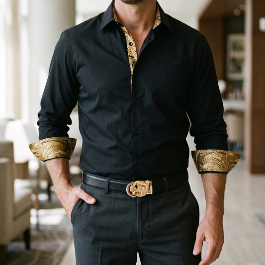 Barry. Wang Men's Leather Slide Ratchet Adjustable Belt For Gift With Golden Dragon Metal Buckle
