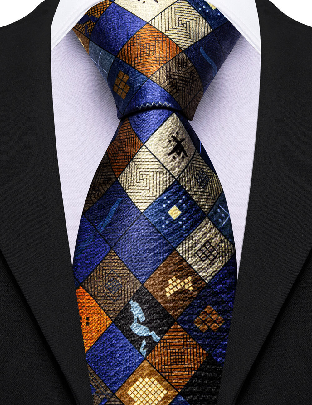 Barry. Wang Printed Plaid Novelty Ties for Men Blue Brown Silk Necktie