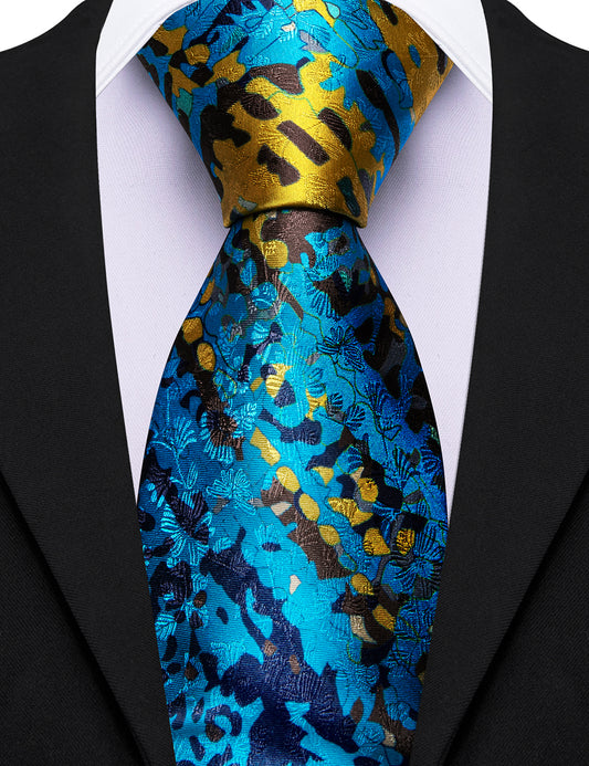 Barry. Wang Silk Printed Ties for Men Blue Yellow Novelty Pattern Neck Tie