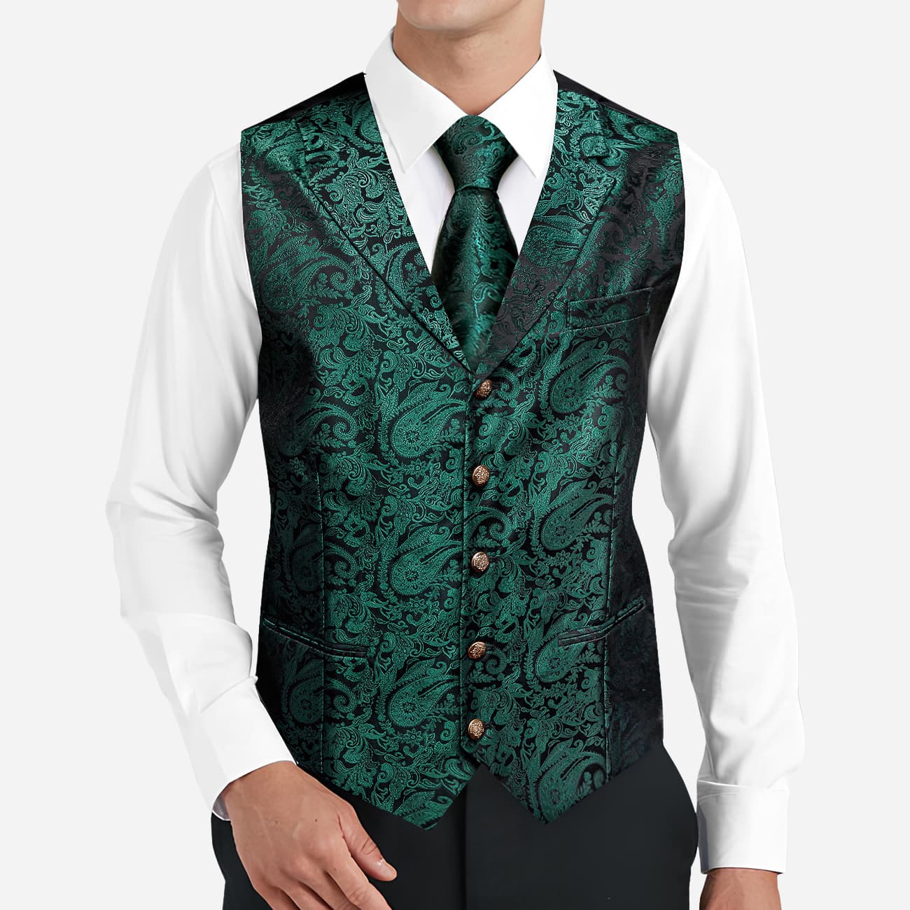 Barry. Wang Silk Hunter Green Vest Mens Paisley Wedding Vest Tie Hanky Cufflinks Set with Brooch