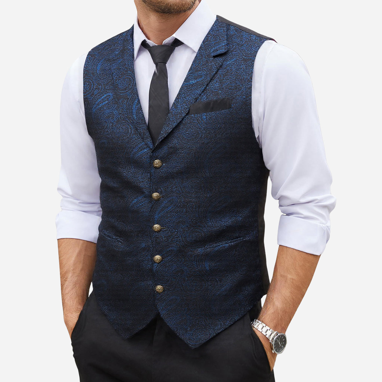Barry. Wang Mens Navy Blue Victorian Vest Paisley Tailored Collar Waistcoat, S / Blue