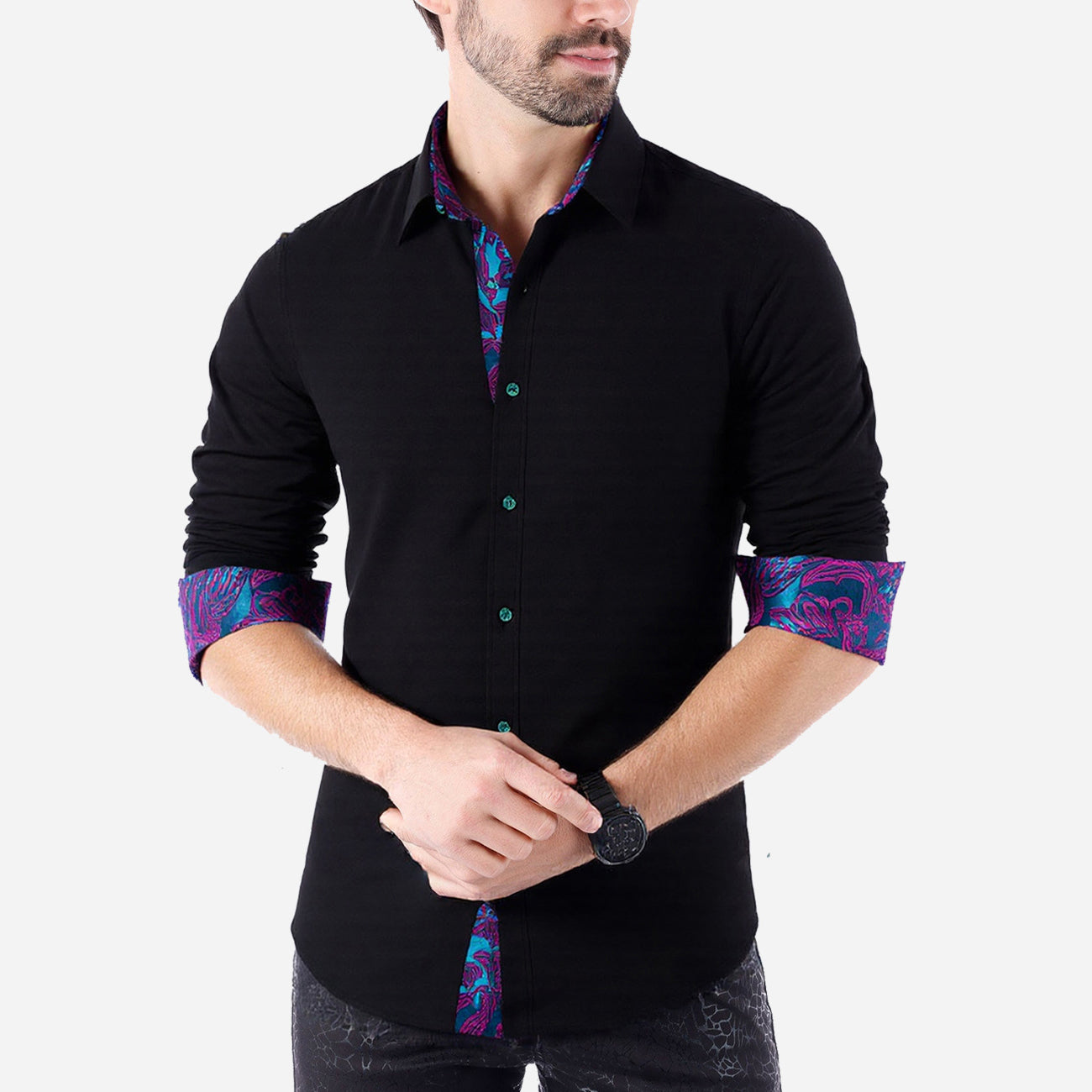 Barry. Wang Black Splicing Shirt Mens Silk Long Sleeve Button Down Business Shirt