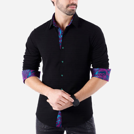 Barry. Wang Black Splicing Shirt Mens Silk Long Sleeve Button Down Business Shirt