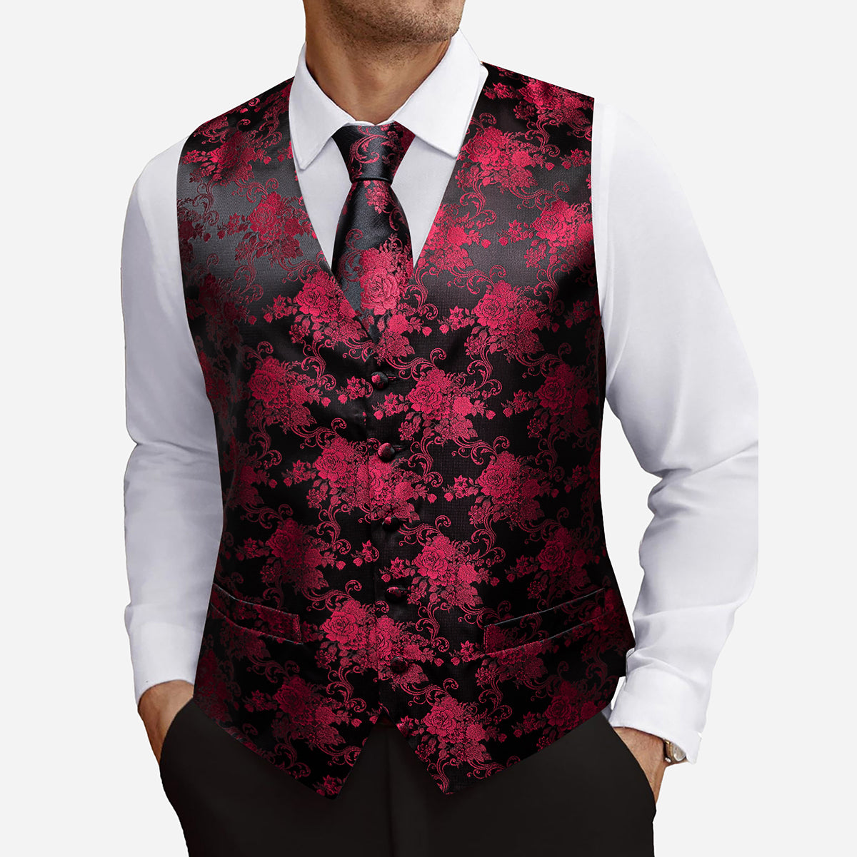 Barry. Wang Mens Burgundy Floral Suit Vest Black Formal Vest Necktie Hanky Cufflinks Set, S Barry. Wang Mens Burgundy Floral Suit Vest Black Formal Vest Necktie Hanky Cufflinks Set, S