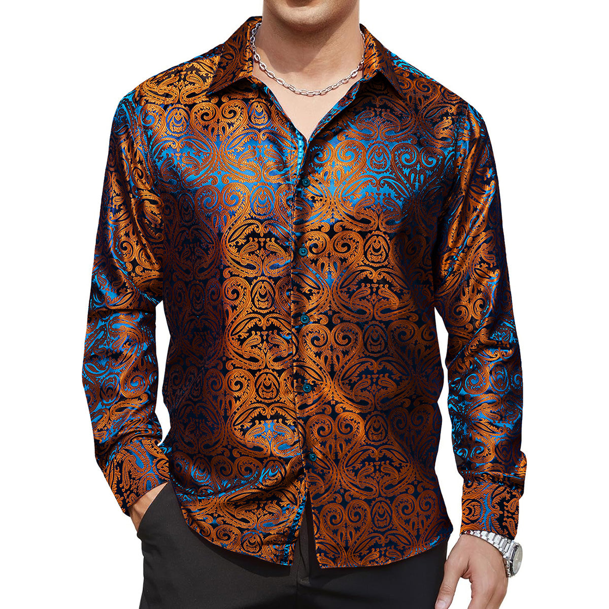 Barry.Wang Camicie da uomo a maniche lunghe con bottoni, camicia formale da lavoro, colletto con polsino a contrasto, camicie casual per feste e matrimoni, B Grigio Paisley, S Barry.Wang Camicie da uomo a maniche lunghe con bottoni, camicia formale da lavoro, colletto con polsino a contrasto, camicie casual per feste e matrimoni, B Grigio Paisley, S