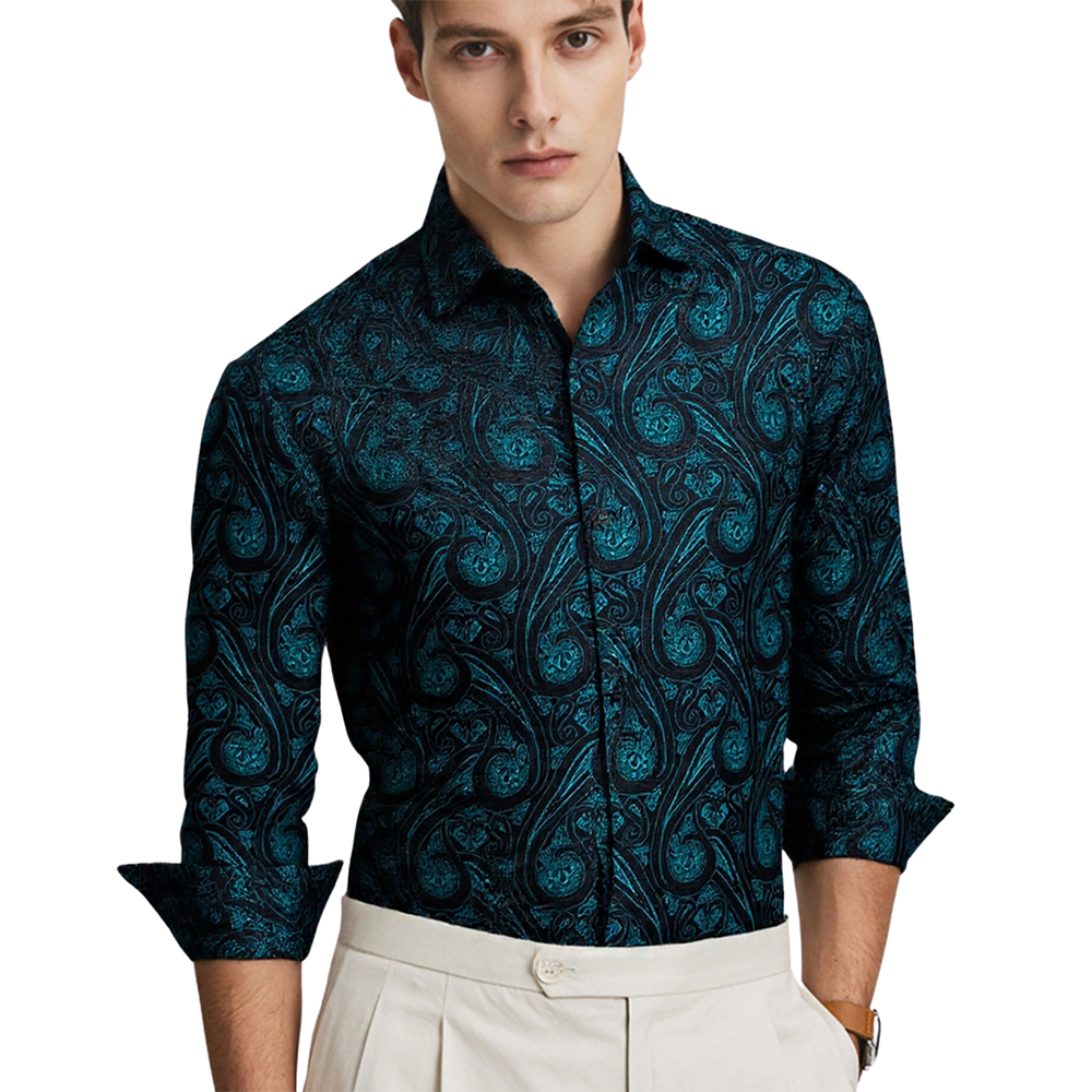 Barry. Wang Mens Silk Teal Green Dress Shirt Paisley Jacquard Long Sleeve Button Down Shirt