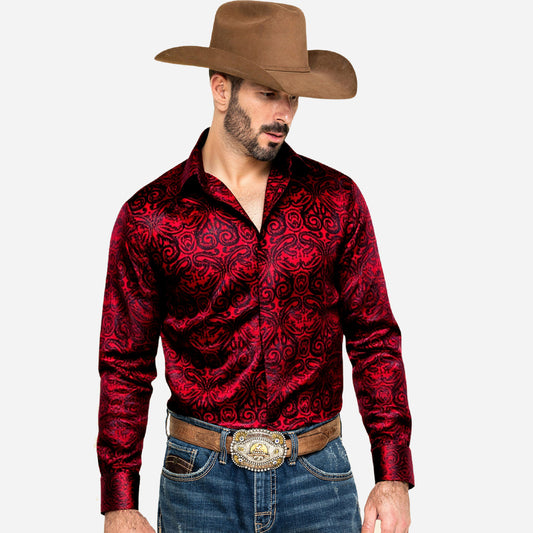 Barry. Wang Mens Western Shirt Casual Red Paisley Jacquard Long Sleeve Button Down Shirt
