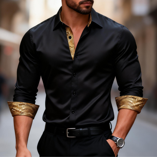 Barry. Wang Black Gold Construct Shirt Mens Silk Long Sleeve Button Down Business Shirt