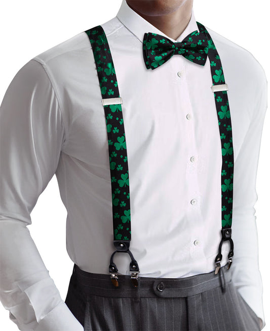 Barry. Wang Black Green Clover Suspender Bowtie Set
