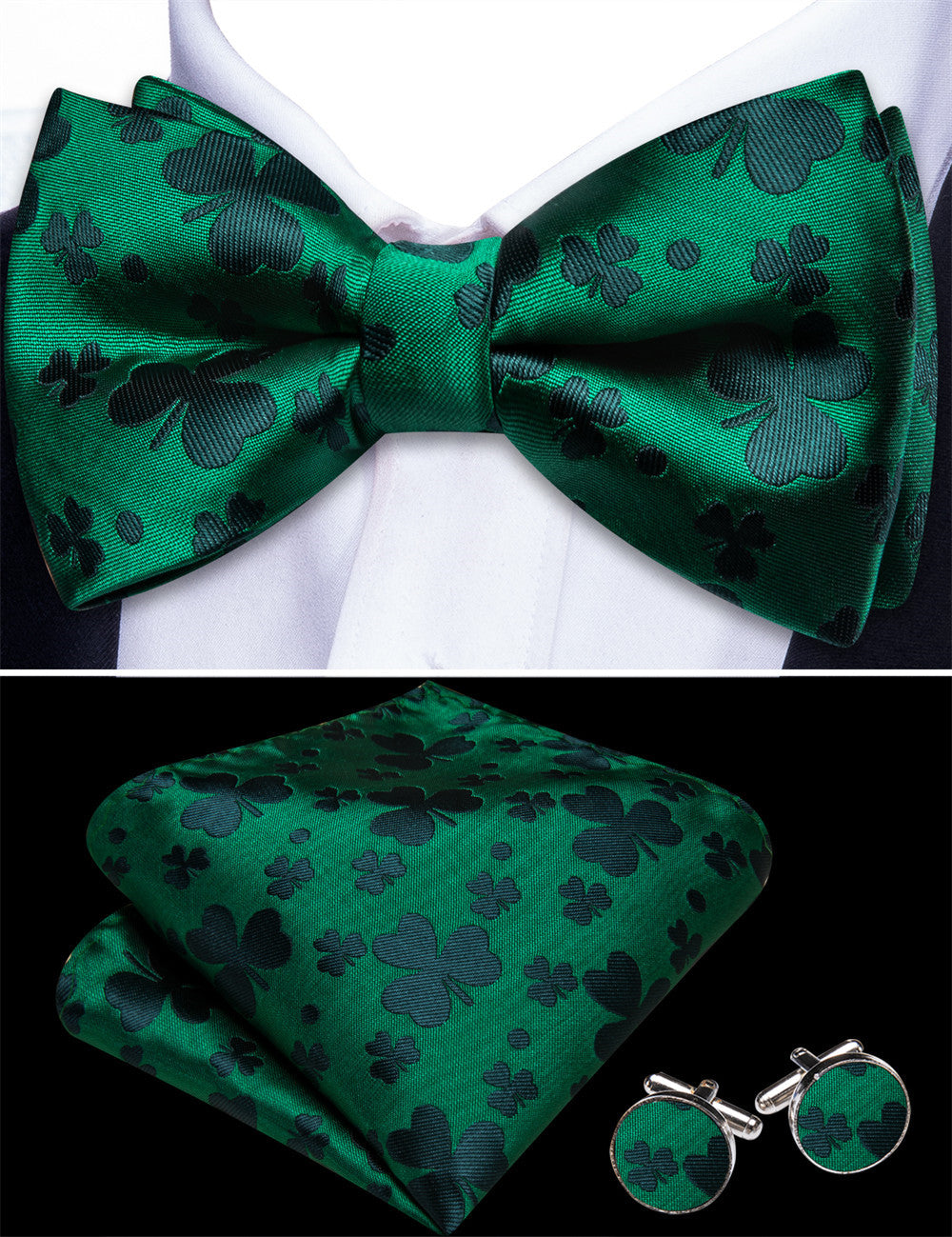Barry. Wang Treetop Green Bow Tie Pocket Square Cufflinks Set Men's Silk Pre-tied Tuxedo Bow Tie