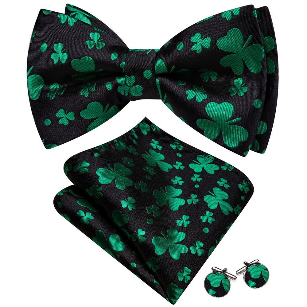 Barry. Wang Black Green Bowtie Silk Adjustable Pre-Tied Men's Tuxedo Bow Tie Pocket Square Cufflinks Set