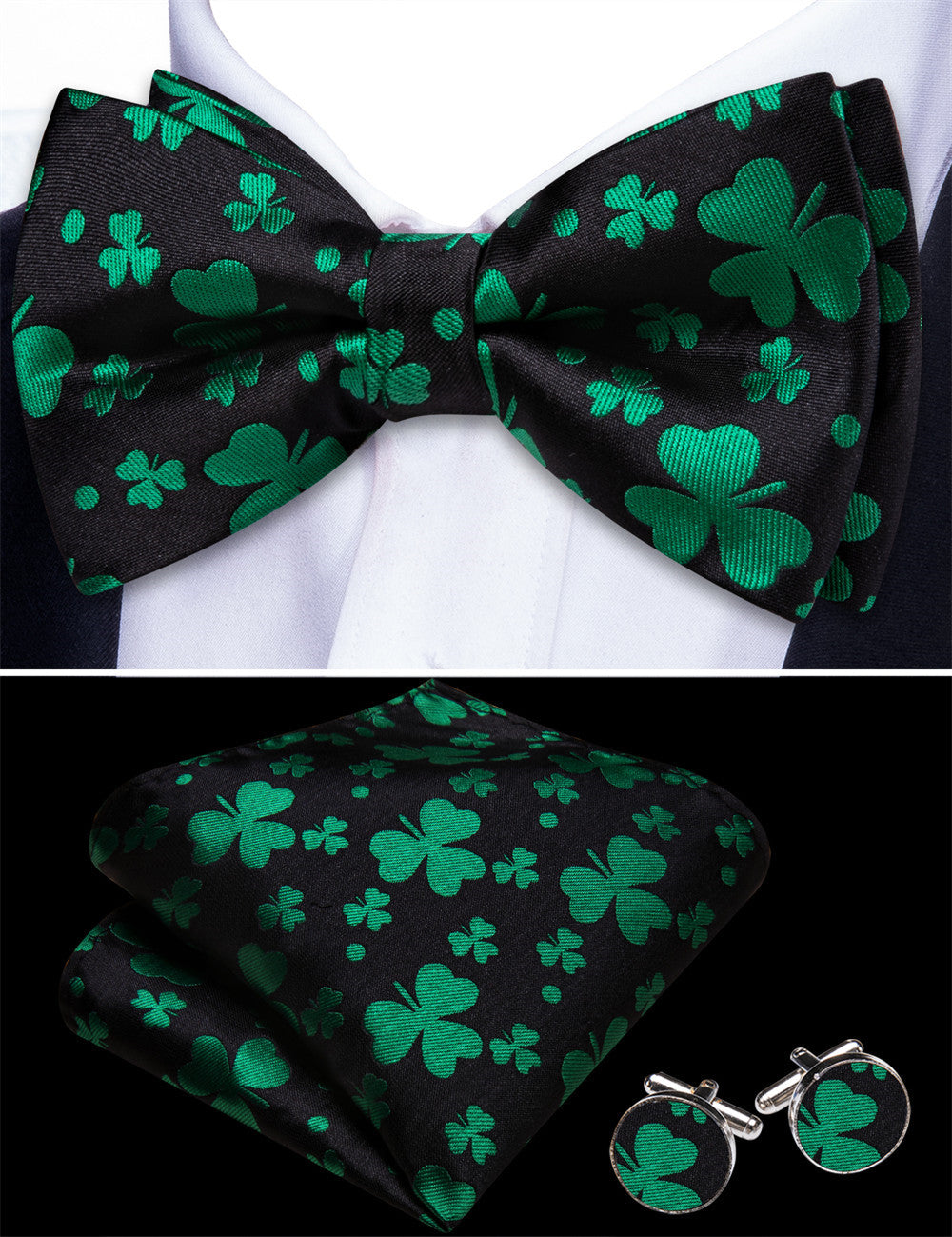 Barry. Wang Black Green Bowtie Silk Adjustable Pre-Tied Men's Tuxedo Bow Tie Pocket Square Cufflinks Set