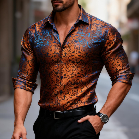 Barry. Wang Copper Paisley Button Down Shirt Casual Silk Long Sleeve Dress Shirt