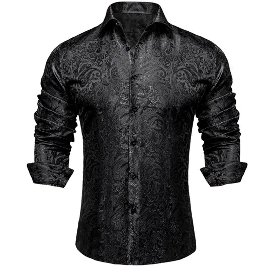 Barry.Wang 3pcs Mens Dress Shirts Black Burgundy Blue Paisley Shirt Silk Shirt
