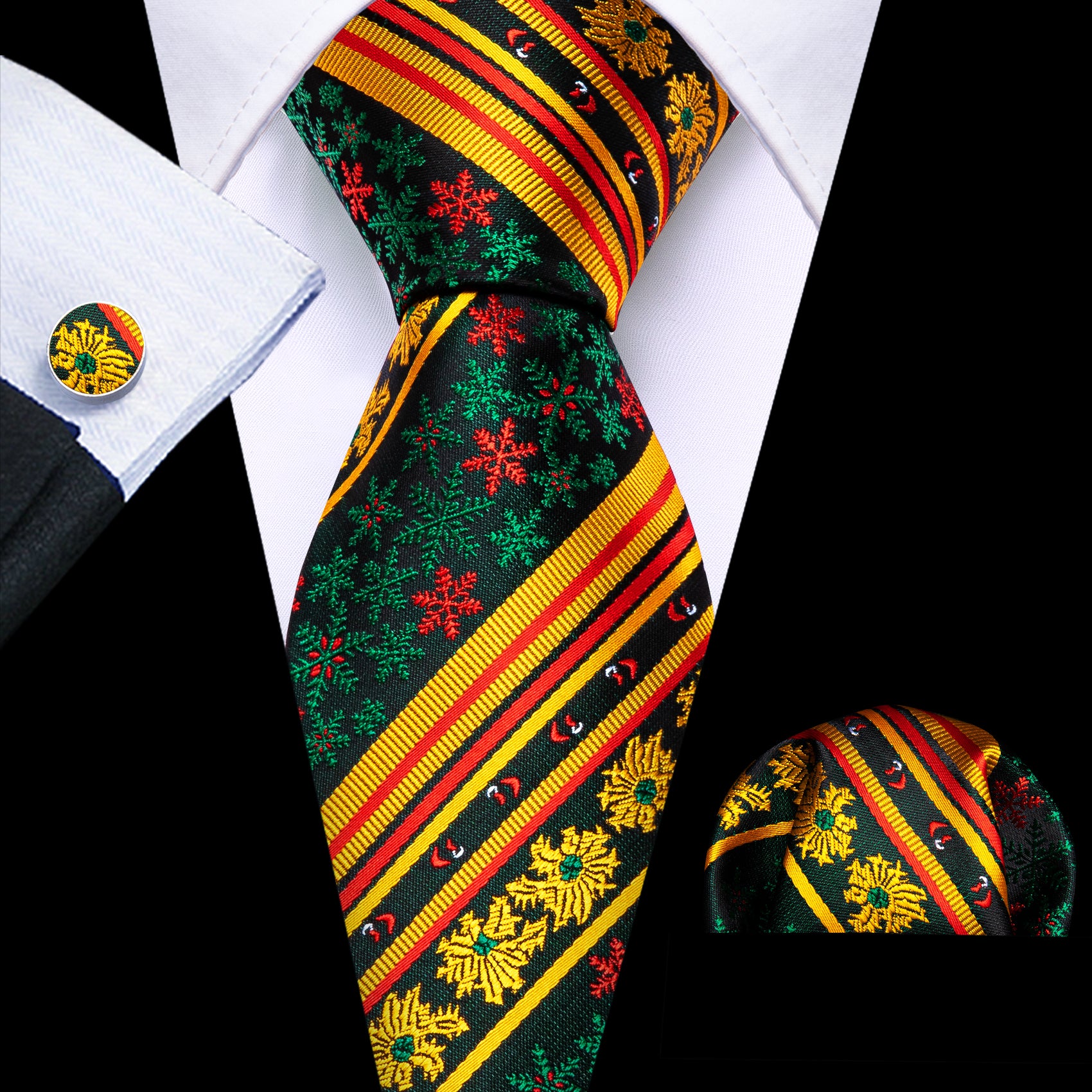 Barry. Wang Green Gold Snowflake Stripes Mens Christmas Tie Set