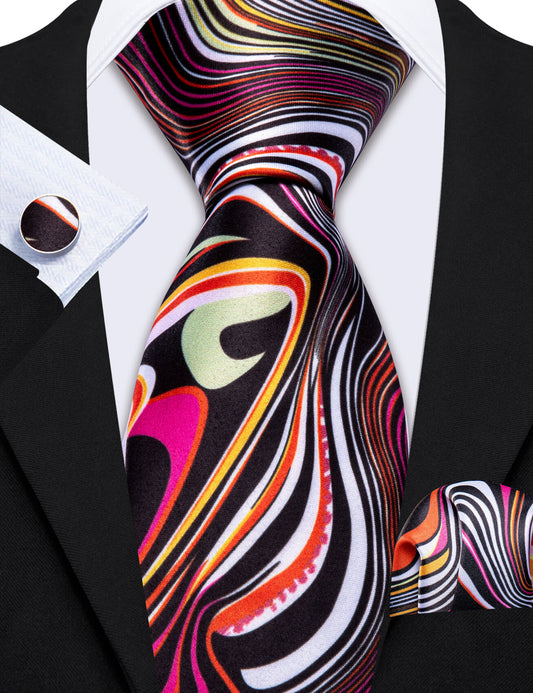 Barry. Wang Black Orange Novelty Silk Tie Hanky Cufflinks Set for Men