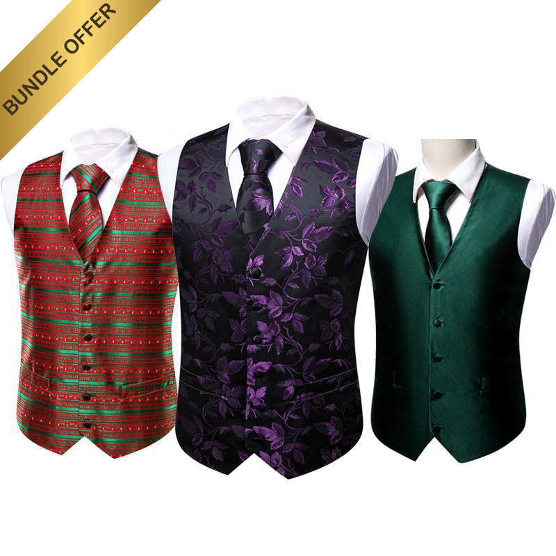 Barry. Wang Black Friday 3PCS Bundles Vest Tie Pocket Square Cufflinks Set